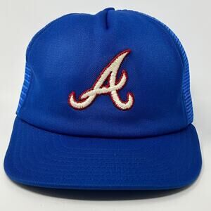 Vintage 80s Atlanta Braves Trucker Hat Baseball Cap MLB AJD Mesh Snapback Blue